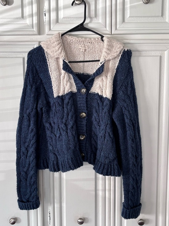 Pilcro Sweaters - Pilcro Navy and Cream Shawl-Collar Cable Knit Cardigan sz XXS